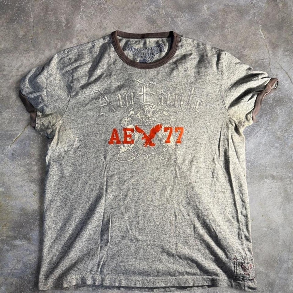 American Eagle AE 77 Grey‎ Ringer Graphic T-Shirt Y2K Casual Tee Size L